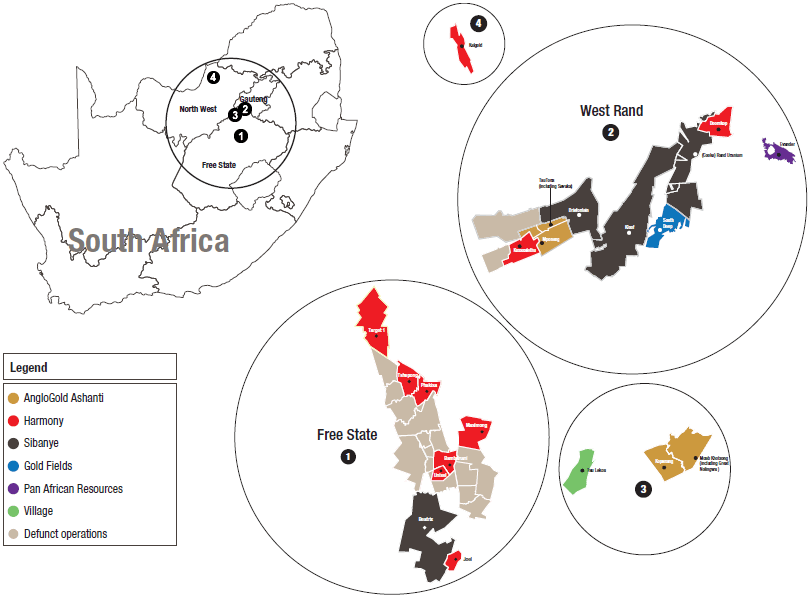 Location of gold operations, South Africa